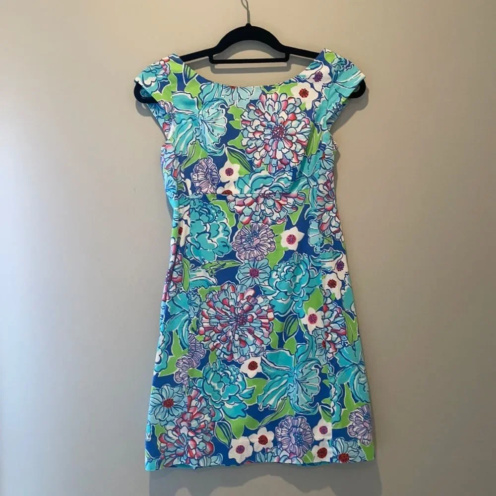 Lilly Pultizer Allura Worthington Blue Mayflower Print Dress Cap Sleeve Floral 0 - Picture 2 of 9